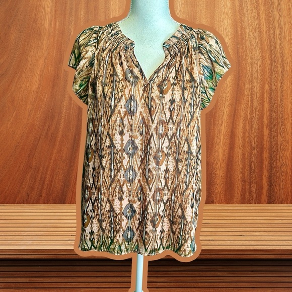 Joie Pink & Tan Shimmer Flutter Sleeve Bohemian Ikat Print Blouse Size Medium - Picture 1 of 13